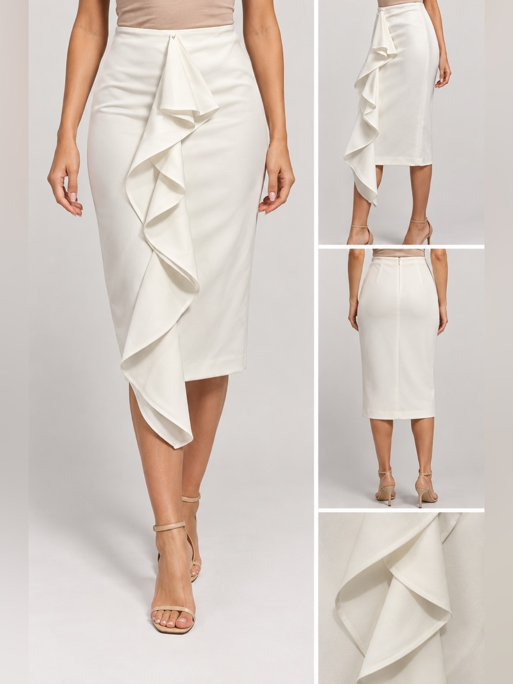 7th Avenue New York and Company White Ruffle-Front Zip Pencil Skirt Size 12 EUC